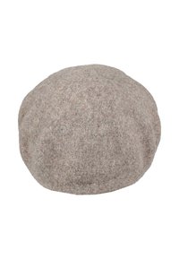 Kerek, bézs gyapjú beret, puha, texturált felülettel és finom varrási részletekkel.