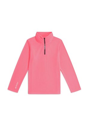 Roze fleece trui met lange mouwen, een hoge kraag en een zwarte ritssluiting aan de voorkant met merk "O'Neill,", met een klein logo op de linkermouwboord.
