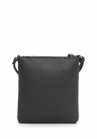 Borsa a tracolla in pelle nera con finitura texturizzata, forma rettangolare, chiusura con zip e un manico corto su un lato.