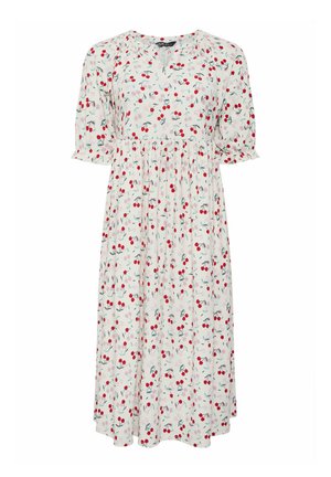 Biała sukienka midi w czerwony wzór wiśni, z krótkimi bufkowymi rękawami, okrągłym dekoltem ze lekkim wycięciem w kształcie litery V oraz marszczoną talią.