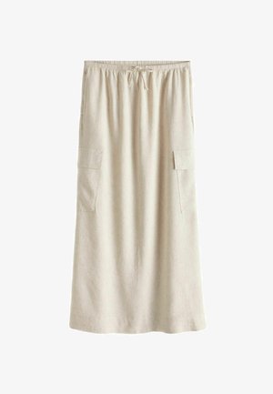 Beige Leinenrock mit elastischem Bund und Kordelzug, ausgestattet mit zwei großen seitlichen Taschen und lockerer Passform. Geschmeidige Textur, knielang.