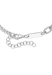 Silver metal chain necklace featuring a lobster clasp, a rectangular tag, and additional linked chain for adjustability.