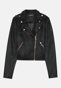 Giacca da moto cropped in finta suede nera con accenti metallici, tra cui cerniere e bottoni a pressione. Presenta una cerniera anteriore asimmetrica e maniche lunghe.