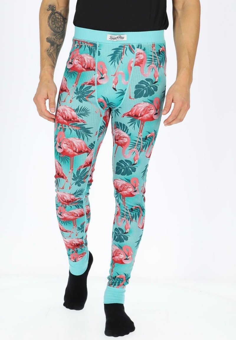 Turquoise leggings with a flamingo and leaf print. Ribbed texture. Features a light blue waistband and fitted cuffs. Black socks worn.