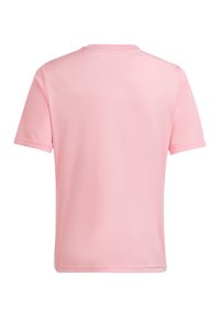 Korte mouwen T-shirt in lichtroze, gemaakt van gladde stof, met een klassieke ronde halslijn en gaasaccenten op de schouders.