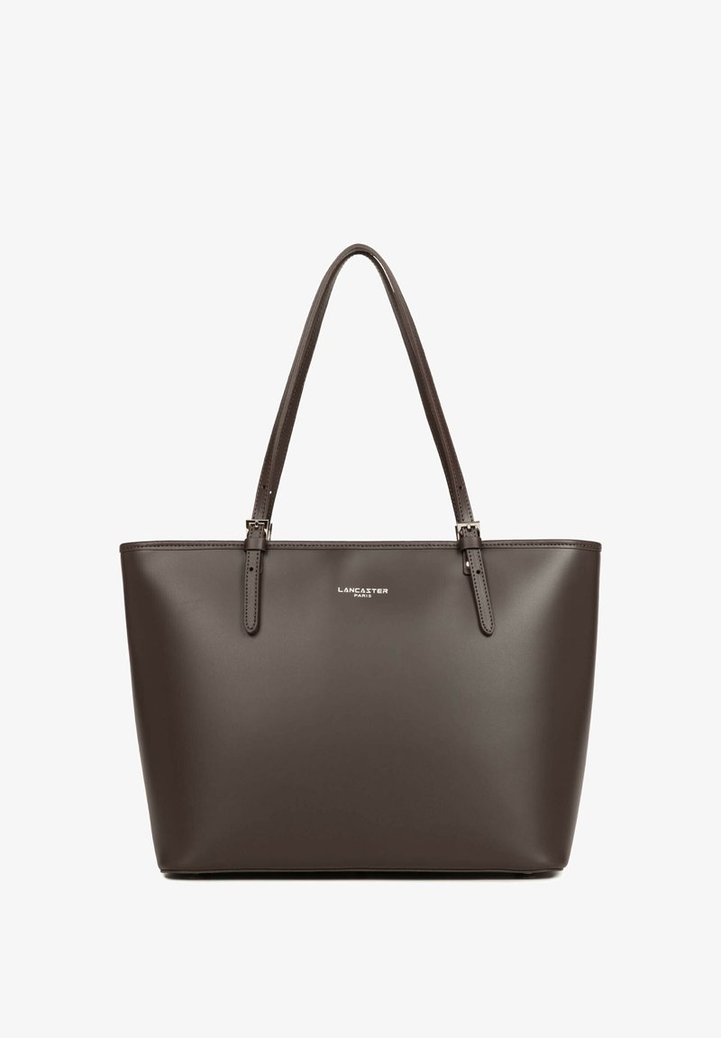 Sac à main en cuir marron foncé avec deux longues anses et petit logo "Lancaster Paris" au centre devant.