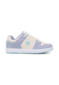 Niskie sneakersy w jasnoniebieskim i kremowym kolorze. Wykonane z teksturowanej niebieskiej tkaniny oraz białych skórzanych akcentów, zakończone gumową podeszwą.