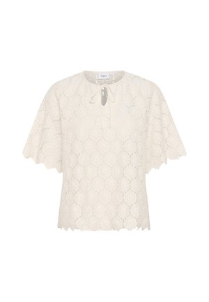 Čipkast gornji dio u krem boji s cvjetnim uzorkom, kratkim zvonastim rukavima i okruglim izrezom koji ima detalj s vezanjem sprijeda.