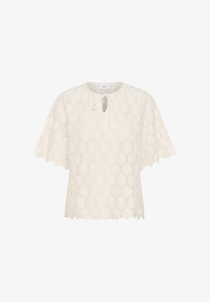 Lace top in cream with a floral pattern, short bell sleeves, and a round neckline featuring a tie detail at the front.