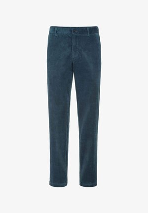 Dunkelblaue Cordhosen mit geradem Bein, strukturiertem Oberflächenmaterial mit vertikalen Streifen und einem Knopfverschluss vorne.
