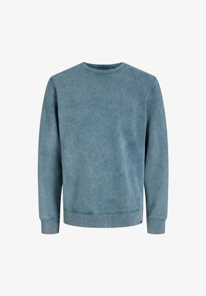 Niebieska bawełniana bluza z okrągłym dekoltem, długimi rękawami, ściągaczami oraz miękkim, teksturowanym wykończeniem. Posiada mały akcent z logo na dolnym rękawie.