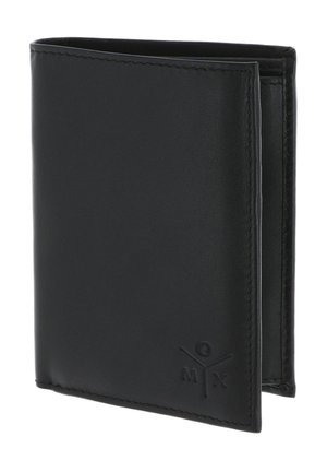 Black bi-fold leather wallet with embossed MX logo on the lower right corner, shown partially open.