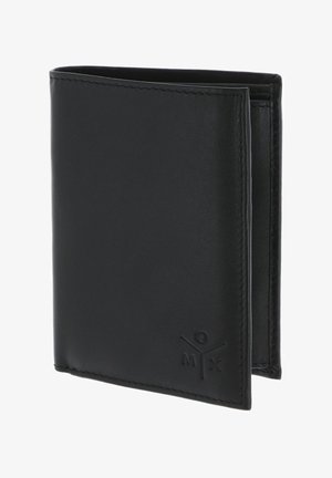 Portefeuille en cuir noir pliable avec logo MX embossé dans le coin inférieur droit, montré partiellement ouvert.