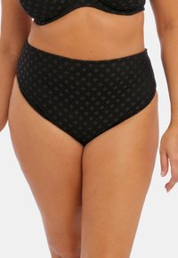 Černé bikinové části s vysokým pasem vyrobené z texturované tkaniny se geometrickým vzorem, s hladkým pasem a designem plného krytí.