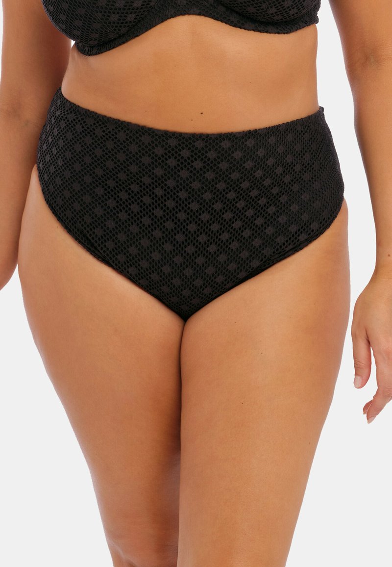 Černé bikinové části s vysokým pasem vyrobené z texturované tkaniny se geometrickým vzorem, s hladkým pasem a designem plného krytí.