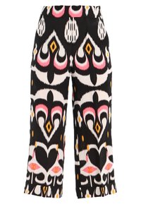 Pantalon noir à jambes larges avec des motifs abstraits audacieux en blanc, rose et jaune, doté d'une taille haute et d'ourlets retroussés.
