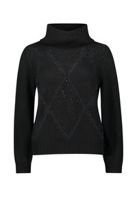 Zwarte gebreide trui met een geribde turtleneck, voorzien van een diamanten patroon dat wordt benadrukt door een donzige textuur en subtiele glinsterdetails.
