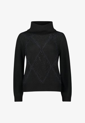 Czarny sweter robiony na drutach z prążkowanym golfem, z diamentowym wzorem podkreślonym puszystą fakturą i subtelnymi detalami z brokatem.