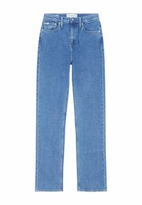 Jeans de mezclilla azul claro con un diseño de pierna recta, que cuentan con cinco bolsillos, cierre de botón y cremallera, y una etiqueta en la cintura.