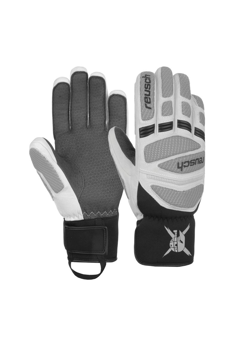 Torwarthandschuhe mit einem strukturierten Schwarz-Weiß-Design, verstärkten Fingern und einem sicheren Handgelenkband für eine verstellbare Passform.