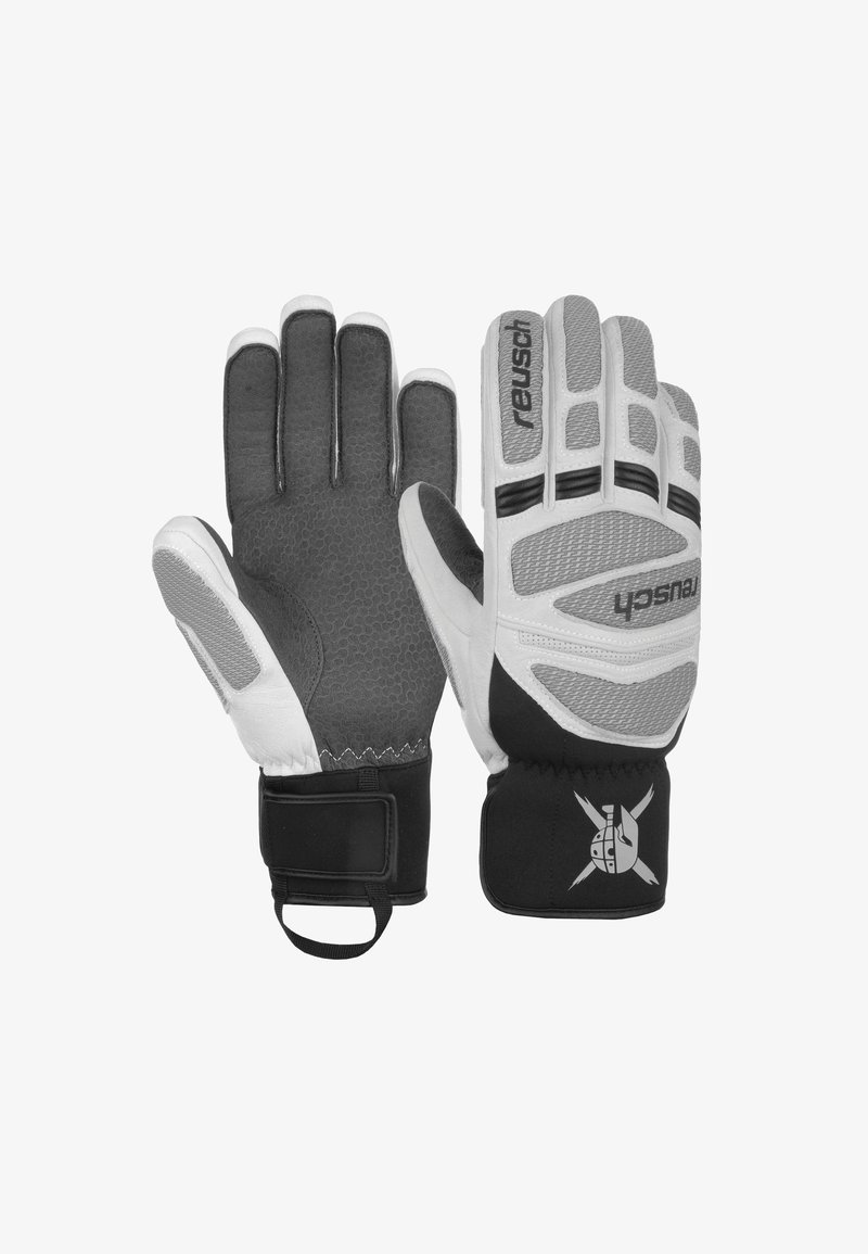 Torwarthandschuhe mit einem strukturierten Schwarz-Weiß-Design, verstärkten Fingern und einem sicheren Handgelenkband für eine verstellbare Passform.