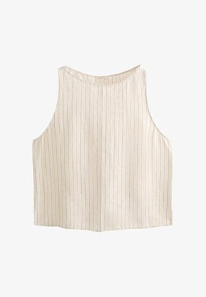 Ärmelloses beiges Crop-Top mit dünnen, vertikalen orangen Streifen und Rundhalsausschnitt.