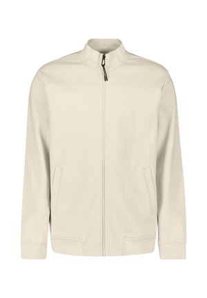 Beige jas met rits, opstaande kraag, lange mouwen, twee voorzakken en geribbelde boorden aan mouwen en zoom.