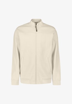 Beige zip-up jacket with stand collar, long sleeves, two front pockets, and ribbed cuffs and hem.