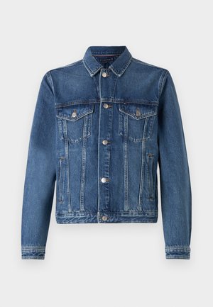 Jachetă din denim de culoare albastru închis, cu o croială clasică, închidere cu nasturi, două buzunare pe piept și detalii de cusătură. Textură netedă și material rezistent.