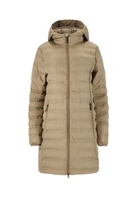 Lange beige quiltede vinterjakke med hætte, forsynet med en frontlynlås og lynlåslommer på begge sider, isoleret til koldt vejr.