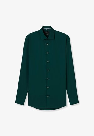 Dunkelgrünes Langarmhemd mit verbreiteter Kragenform, Knopfleiste vorne und abgerundetem Saum. Glatte Textur und Metallknöpfe.