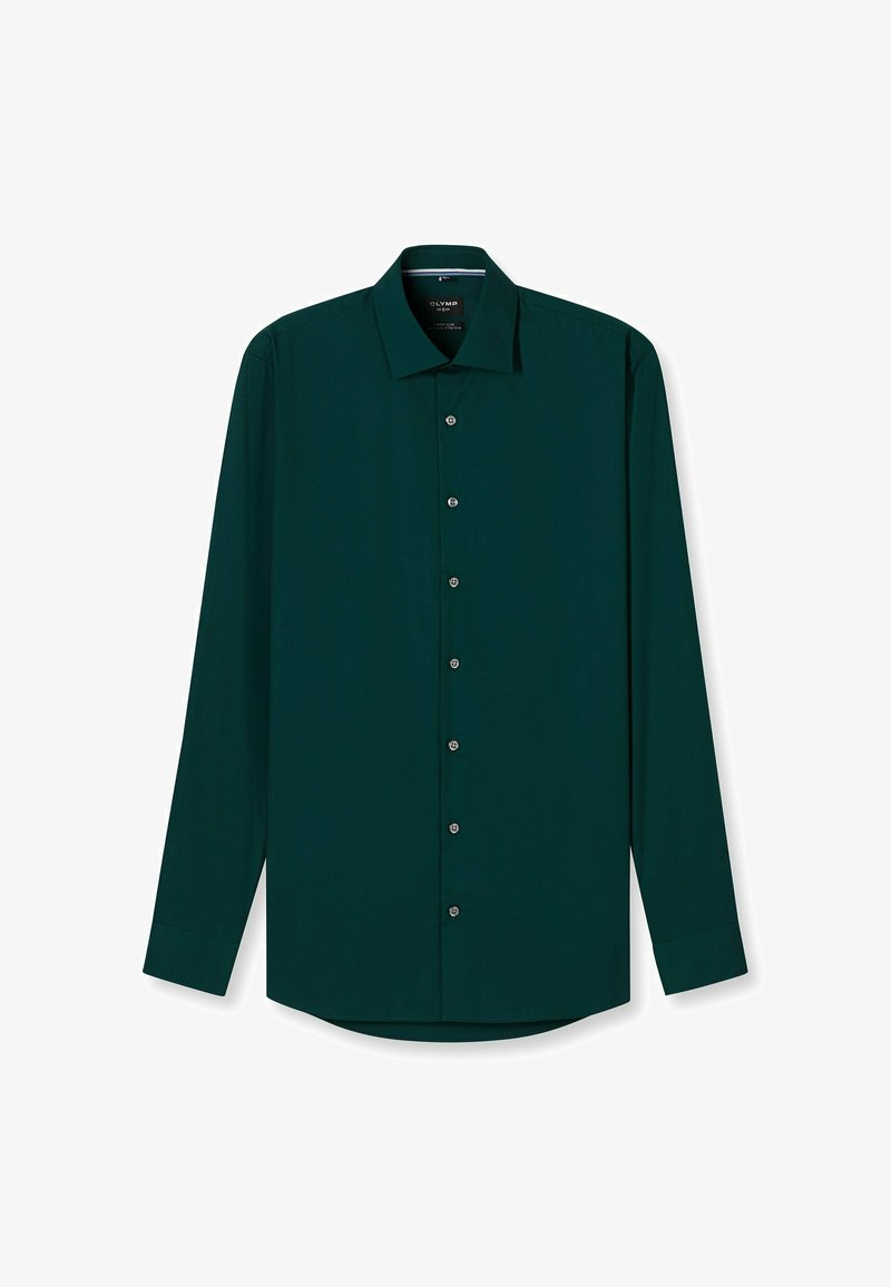 Dark green long-sleeve shirt with a spread collar, front button closure, and a curved hem. Smooth texture and metal buttons.