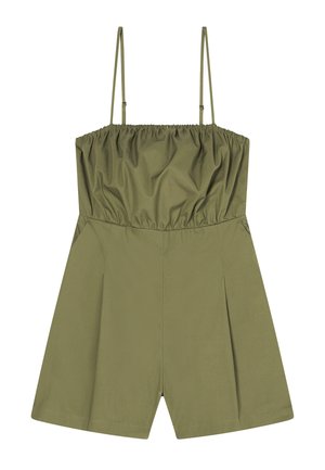 Tuta corta verde oliva senza maniche con spalline sottili regolabili, corpetto arricciato con elastico e pantaloncini larghi.