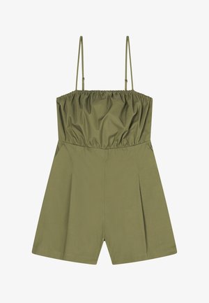 Tuta corta verde oliva senza maniche con spalline sottili regolabili, corpetto arricciato con elastico e pantaloncini larghi.