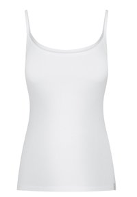 Biały top na ramiączkach wykonany z bawełny, z okrągłym dekoltem i dopasowanym krojem. Gładka tekstura i minimalistyczny design.