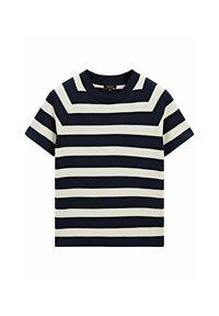 Navy and cream striped short-sleeved T-shirt, crew neckline, ribbed texture, horizontal stripes, relaxed fit, made from soft fabric.