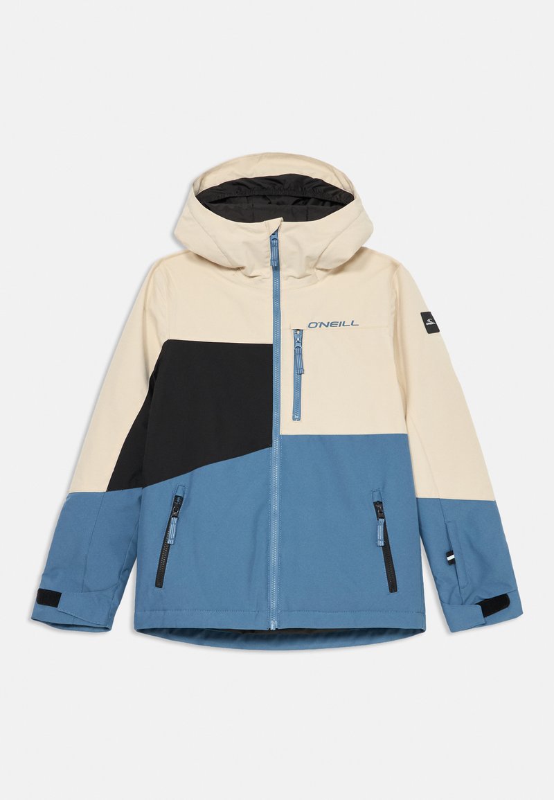 Farbig unterteilte Skijacke in Beige, Schwarz und Blau, mit Kapuze, Reißverschlusstaschen und strapazierfähigem Außenmaterial.