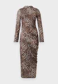 Long-sleeve, fitted midi dress with ruched detailing and leopard print in shades of brown and black on a beige background.