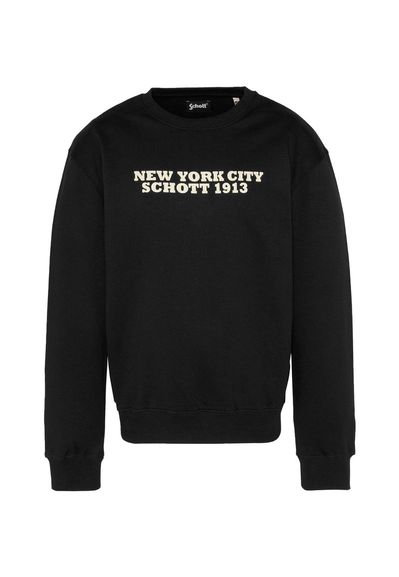 Sudadera negra con cuello redondo, puños y cinturilla acanalados. Texto en color crema: "NEW YORK CITY SCHOTT 1913" centrado en el frente.