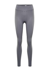 Legging gris avec une taille haute, fabriqué en tissu extensible. Présente un design ajusté et une texture lisse, sans motifs ni matériel visible.