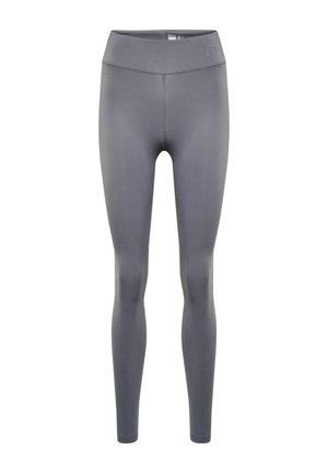 Gray leggings with a high waistband, made from stretchy fabric. Features a fitted design and smooth texture, no visible patterns or hardware.