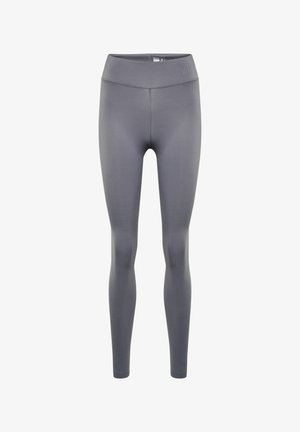 Graue Leggings mit hohem Bund, aus dehnbarem Stoff. Sie verfügen über ein figurnahes Design und eine glatte Textur, ohne sichtbare Muster oder Metallteile.