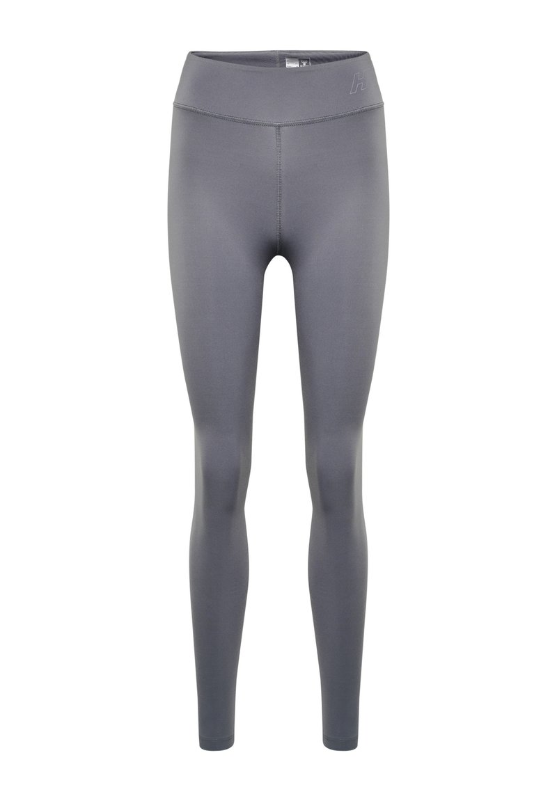 Legging gris avec une taille haute, fabriqué en tissu extensible. Présente un design ajusté et une texture lisse, sans motifs ni matériel visible.