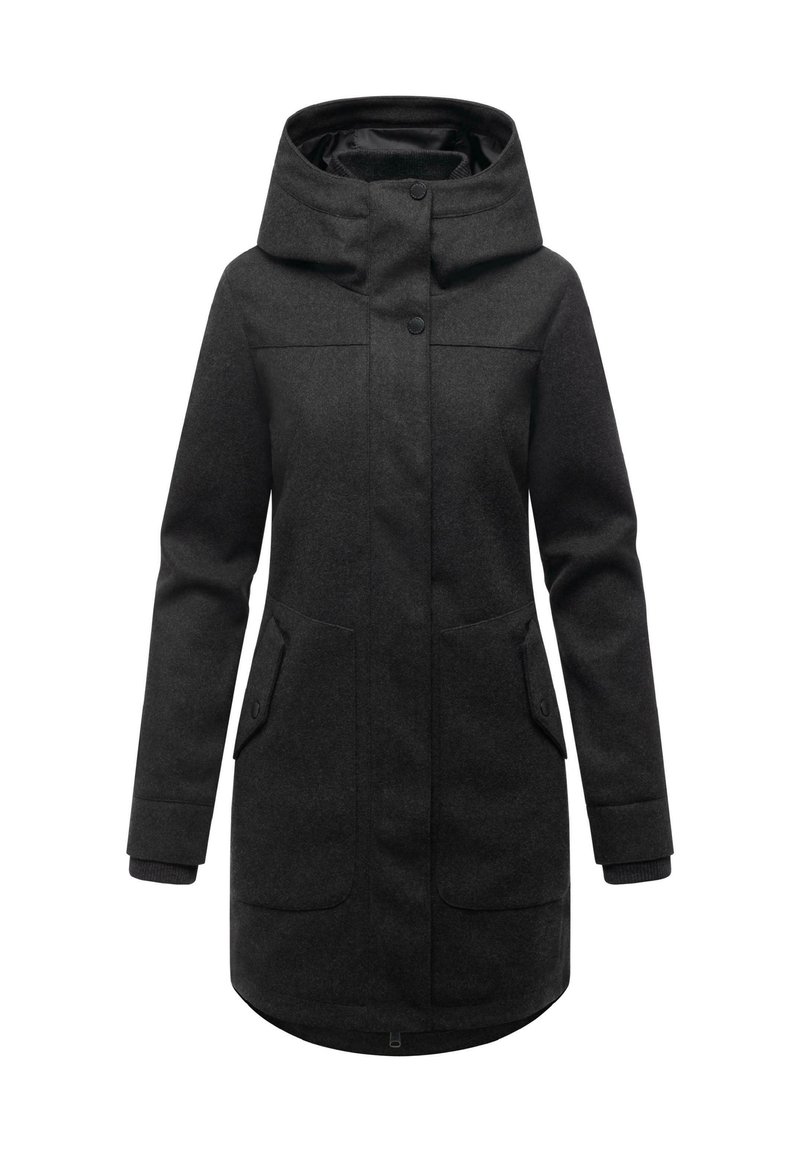 Wool blend coat in dark grey with a high collar and hood, featuring large front pockets and a straight cut design.