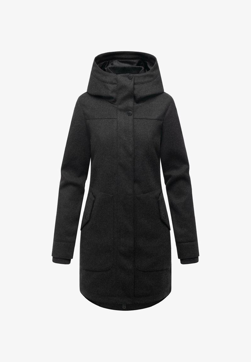 Wool blend coat in dark grey with a high collar and hood, featuring large front pockets and a straight cut design.