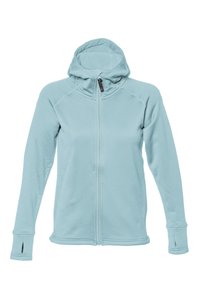 Ljusblå zip-up hoodie tillverkad av mjukt tyg, med huva, långa ärmar, tumhål i ärmsluten och platta sömmar för en strömlinjeformad look.