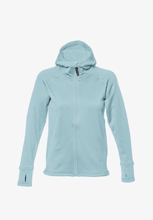 Lysblå zip-up hoodie lavet af blødt stof, med hætte, lange ærmer, tommelfingerhuller i manchetterne og flade sømme for et strømlinet udseende.