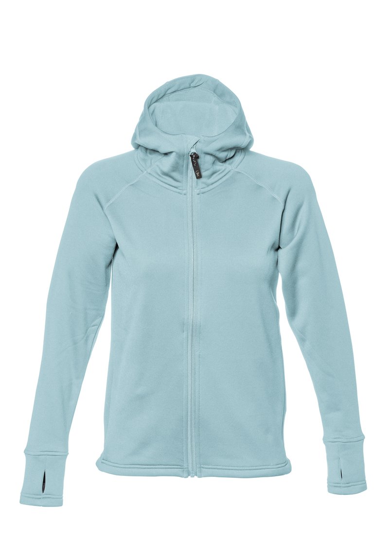 Ljusblå zip-up hoodie tillverkad av mjukt tyg, med huva, långa ärmar, tumhål i ärmsluten och platta sömmar för en strömlinjeformad look.