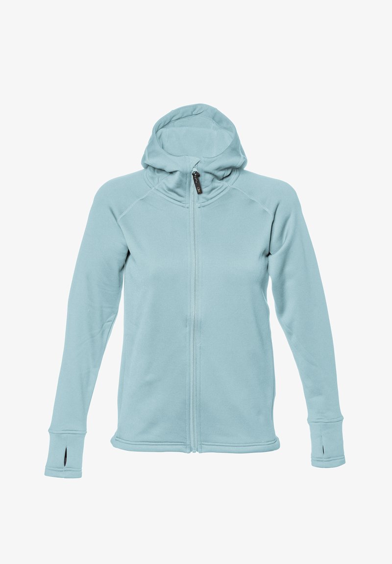 Lysblå zip-up hoodie lavet af blødt stof, med hætte, lange ærmer, tommelfingerhuller i manchetterne og flade sømme for et strømlinet udseende.