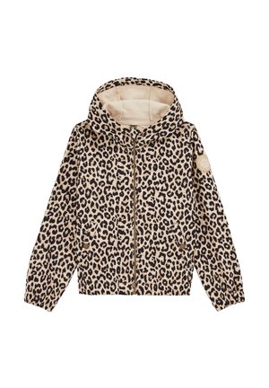 Mikina s kapucí na zip s béžovo-černým leopardím potiskem, dvěma předními kapsami na knoflíky a kulatou nášivkou na levém rukávu.